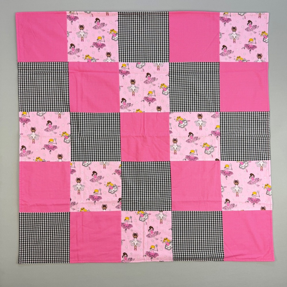 NEW Handmade Ballerina Patchwork Baby Blanket Pink Gingham Polka Dot 39x40 Quilt
